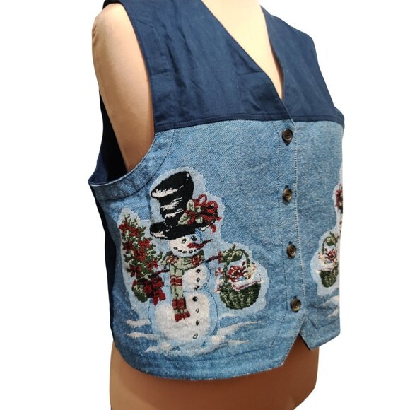 Karen Scott L womens vest vintage embroidered snowman denim Christmas retro - Picture 2 of 12